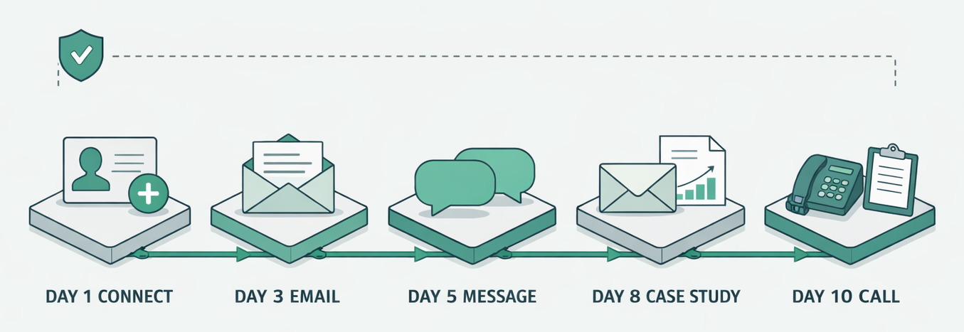 Ten-day sequence: day 1 LinkedIn connect, day 3 email, day 5 message, day 8 case study, day 10 call, behind an approval check